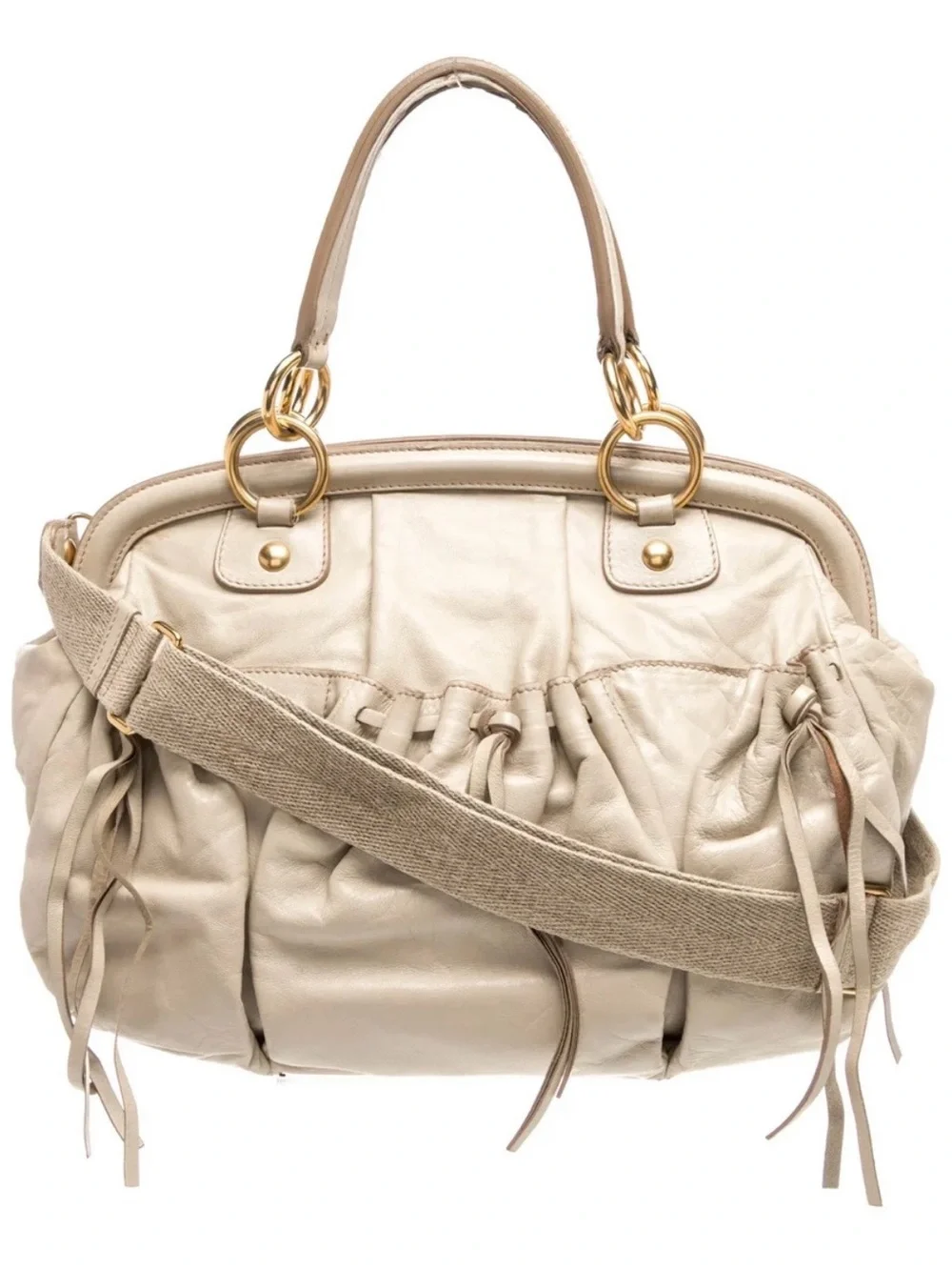 Miu Miu Cream Ruched Leather Shoulder Bag with Gold Hardware